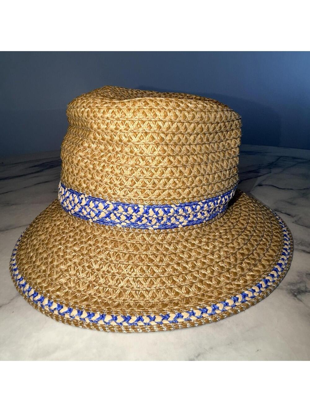Eric Javits Woven Raffia Straw Hat UPF 50+ Packable Squishee Bucket Beige Blue - Picture 7 of 8